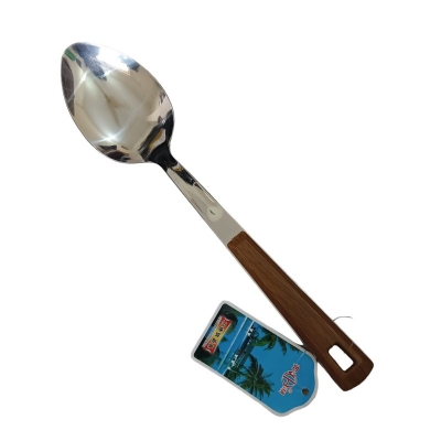 Picture of Silver 10-Inch Stainless Steel Long Rice Spoon – Wooden Color Plastic Cover Handle – Cooking & Serving – Mirror Polish, Non-Magnetic – 1 Piece-Silver