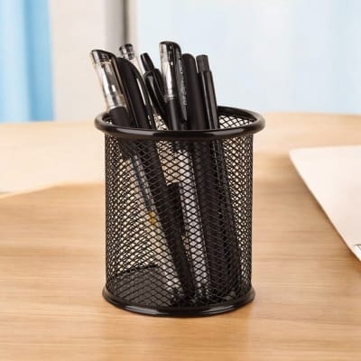 Picture of "Multifunctional Black Metal Mesh Desk Organizer - Round Pen & Pencil Holder, Durable, Fireproof, High-Temperature Resistant, Coated Finish, 9.5 x 8.5 cm, Ideal for Office & Student Desks, 1 Piece"-Black