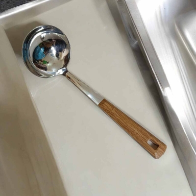 Picture of Silver 9-Inch Stainless Steel Big Soup Spoon – Wooden Color Plastic Cover Handle – Ideal for Cooking & Serving – Mirror Polish, Non-Magnetic – 1 Piece-Silver
