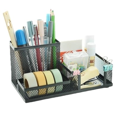 Picture of "Multifunctional Black Metal Desk Organizer - Creative 3-Grid Rack, Fireproof Pen Holder, High-Temperature Resistant, Coated Finish, 20.4 x 10.4 x 9.7 cm, Ideal for Office & Student Desks, 1 Piece"-Black