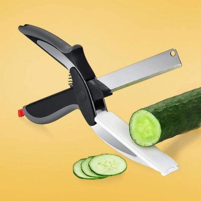 Picture of 2-in-1 Clever Cutter, Stainless Steel, Vegetable Cutter and Kitchen cutterr with Mini Cutting Board for Salads, Vegetables, Meat, Potatoes and Bread, Kitchen Scissors with Cutting Board, Multifunctional-Black