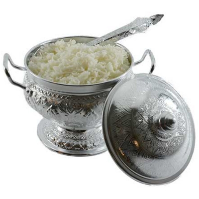 Picture of Rice Bowl & Ladle Spoon Thai Pattern Rice Container Aluminum Curry Serving-Silver