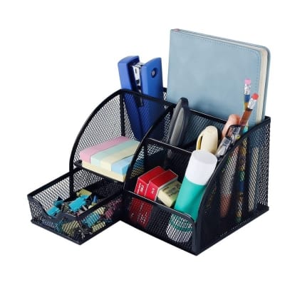 Picture of "Durable Black Pen Stand - Fireproof Desk Organizer, Metal Mesh, High-Temperature Resistant, Coated Finish, 14D x 12.7W x 22.1H cm, 1 Piece"-Black