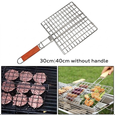 Picture of New Portable Barbecue BBQ Grill Net Basket Roast Grilling Tray Chromium Plated with Wooden Handle (Big)-Silver