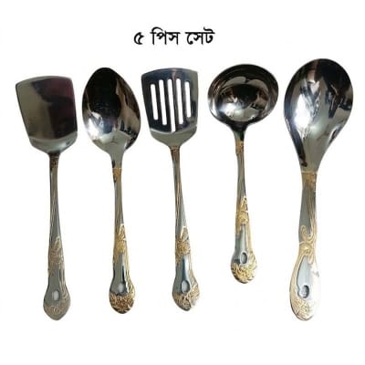 Picture of 5 pcs set stainless steel big spoon set Rice spoon,logn rice spoon,sup spoon, spatula spoon golden design heavy quality-Silver