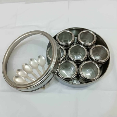 Picture of Stainless Steel Double See Through With Whole Shaker With See Through Spice Box, Masala Container for Kitchen, Steel Masala Boxes for Kitchen, 7 spice masala box, 20 cm-Silver
