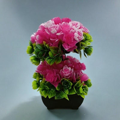 Picture of Artificial Bonsai Tree with 2 Heads and Multiple Color Flowers in Plastic Vases for Office Table Decoration, Gram Beauty Flower Included-Multicolor