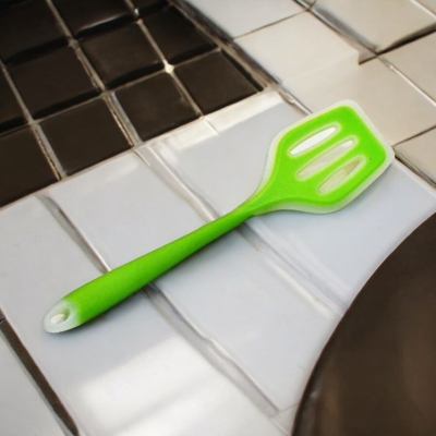 Picture of 12-Inch Silicone Cooking Spoon - Non-Stick Slotted Turner with Full Silicone Construction, High Heat Resistant, Multicolor - Ideal for Non-Stick Pots - 1 Piece-Green