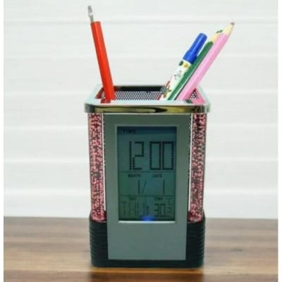 Picture of Square Gift Centre Pen Holder with Digital LCD Clock & Color-Changing LED Lights - Multifunctional Desk Organizer with Timer & Temperature Display, Durable Plastic, Black/Silver, Battery Powered, Ideal for Office/Student Desks, 1 Piece-Black