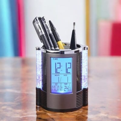 Picture of "Pen Holder with LCD Alarm Clock & LED Lights - Gift Centre Multifunctional Desk Organizer with Countdown Timer, Temperature Display, Durable Black/Silver Plastic, Pencil Battery Powered, Ideal for Office & Student Desks, 1 Piece"-Black