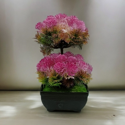 Picture of Pink Artificial Bonsai Tree with 2 Heads and Plastic Vases for Office Table Decoration, Gram Beauty Flower Included-Multicolor