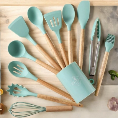 Picture of "Multicolor Silicone Kitchen Utensils Set, 12-Piece – Wooden Handles – Non-Stick Spatula, Shovel, Spoon – Ideal for Cooking and Serving – With Storage Bucket and PP Handle"-Blue