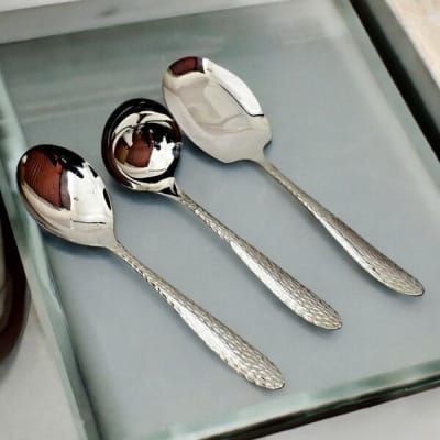 Picture of 3-Piece Stainless Steel Spoon Set - Includes Big Rice Spoon, Big Soup Spoon, and Rice Spoon, Mirror Polish, Non-Magnetic, Silver with Golden Design, Ideal for Cooking and Serving, Durable and Stylish-Silver