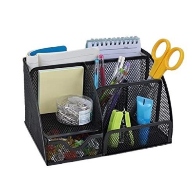 Picture of "Office Desk Organizer - Black Metal Mesh Pen Stand, Fireproof & Durable, Coated Finish, High-Temperature Resistant, 14D x 12.7W x 22.1H cm, 1 Piece"-Black
