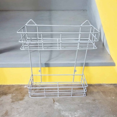 Picture of "White Square Shape 2-Step Hanging Corner Rack – Durable Iron, Easy to Mount, Perfect for Organizing Kitchen Accessories and Saving Space"-White