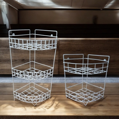 Picture of "2-Pack Hanging Corner Storage Rack – 3-Step & 2-Step, Durable Iron, White Finish, Triangle Shape, Easy Wall Installation, Ideal for Kitchen Organization"-White