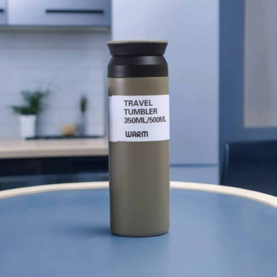 Picture of Grey Portable Thermal Bottle for Outdoor Camping, Hiking, Driving, and Drinking - 1pc 500ml Stainless Steel Vacuum Flask with Leakproof Lid-Green