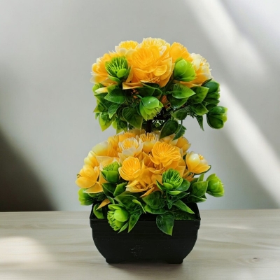 Picture of Multicolor Artificial Bonsai Tree with 2 Heads, Multiple Color Flowers, Plastic Vases for Office Table Decoration, Gram Beauty Flower-Multicolor