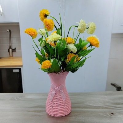 Picture of Artificial Marigold Flower & Plant in Plastic Pot - Home Decoration Item - 1 Multicolor Flower Stick and Colorful Container Included-Multicolor