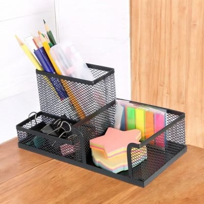 Picture of "Multifunctional Black Metal Desk Organizer - Creative 3-Grid Storage Rack, Durable & Fireproof Pen Holder, High-Temperature Resistant, Coated Finish, 20.4 x 10.4 x 9.7 cm, Perfect for Office & Student Desks, 1 Piece"-Black