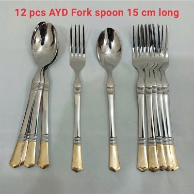 Picture of AYD premium golden design spoon 12 pcs stainless steel Tea spoon Magnet proof spoon mirror polish 15cm long spoon 6 pcs tea and 6 pcs fork spoon-Silver