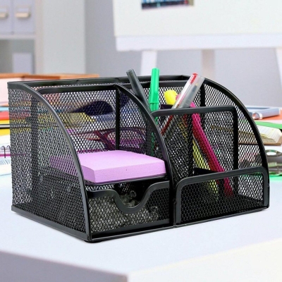 Picture of 7 Compartment Metal Mesh Desk Organizer with Drawer-Black