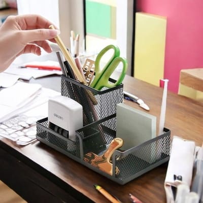 Picture of "Multifunctional Black Metal Desk Organizer - Creative 3-Grid Rack, Fireproof Pen Holder, High-Temperature Resistant, Coated Finish, 20.4 x 10.4 x 9.7 cm, Ideal for Office & Student Desks, 1 Piece"-Black