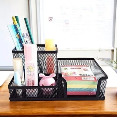 Picture of "Black Metal 3-Grid Desk Organizer - Multifunctional Pen Holder & Storage Rack, Durable, Fireproof, High-Temperature Resistant, Coated Finish, 20.4 x 10.4 x 9.7 cm, Ideal for Office & Student Desks, 1 Piece"-Black