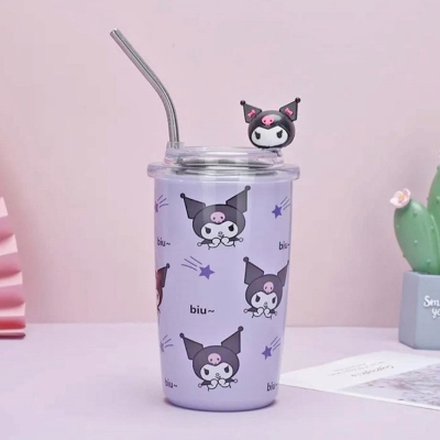 Picture of Sanrio Kawaii Sippy Cup Anime Figure Hello Kitty Good Looking Doll 450Ml Straight Drink Insulation Cooler Car Girls Cup with stainless steel straw-Purple