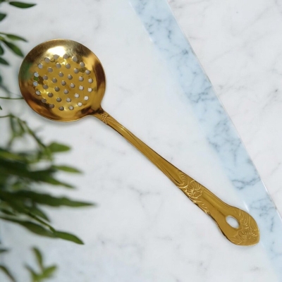 Picture of Golden Round Slotted Kitchen Spoon, 10 Inch Stainless Steel. Mirror Polish Finish, Ideal for Cooking and Serving.-Gold