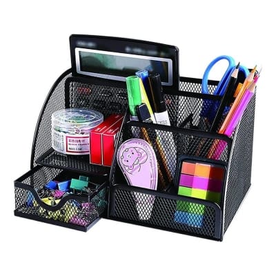 Picture of "Desktop Pen Holder - Office Storage Box with Multiple Compartments, Square Metal Mesh Organizer"-Black