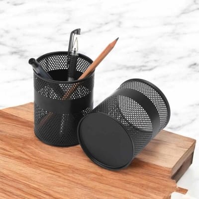 Picture of Black Metal Desk Organizer (2-Piece) - Multifunctional Cylinder Pencil Holders, Durable, Fireproof, High-Temperature Resistant, Coated Finish, 9.5 x 8.5 cm, Perfect for Office & Student Desks-Black