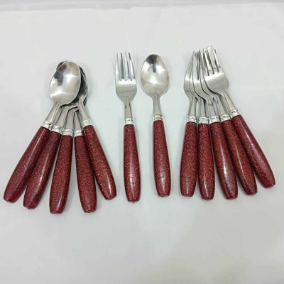 Picture of 12 pcs colorful handle stainless steel Tea and Fork spoon set 15 cm long 6 pcs tea and 6 pcs fork spoon-Red