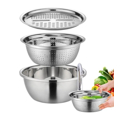 Picture of German Stainless Steel Basin with Drain Basket Vegetable Cutter And Grater Strainer 3 in 1 Colanders Basin Mixing Bowl Set-Silver