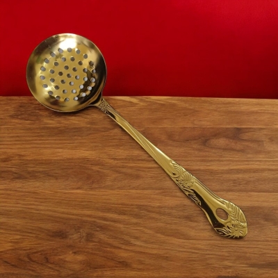Picture of Golden Round Slotted Kitchen Spoon, 10 Inch Stainless Steel - Ideal for Cooking and Serving - Mirror Polish Finish, Stylish and Durable-Gold