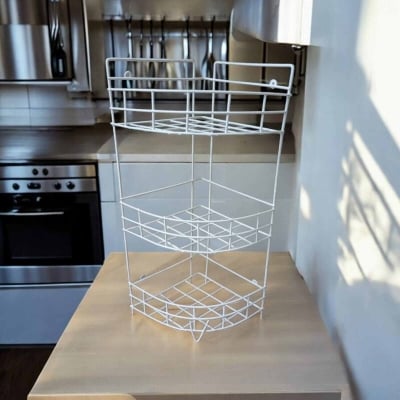 Picture of "White Finish 3-Step Hanging Corner Kitchen Rack – Triangle Design, Durable Iron, Easy to Install – 1 Pc"-White