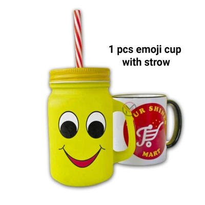 Picture of 1 pcs Emoji Yellow Glass Mug With Straw-Yellow