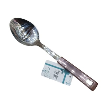 Picture of Stainless Steel Long Rice Spoon, 10-Inch – Mirror Polish, Non-Magnetic, Silver, with Multiple Color Plastic Handle. Perfect for Cooking & Serving.-Silver