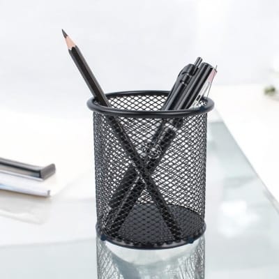 Picture of "Black Metal Desk Organizer - Round Mesh Pen & Pencil Holder, Multifunctional, Durable, Fireproof, High-Temperature Resistant, Coated Finish, 9.5 x 8.5 cm, Ideal for Home & Office, 1 Piece"-Black