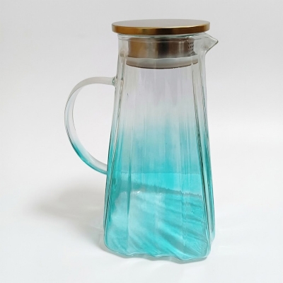 Picture of Modern style  blue Gradient color glass pitcher Kettle Shape large capacity  Glass Vase Home Decor Living Room glass pitcher heat resistant glass jug 1L-2L-Blue