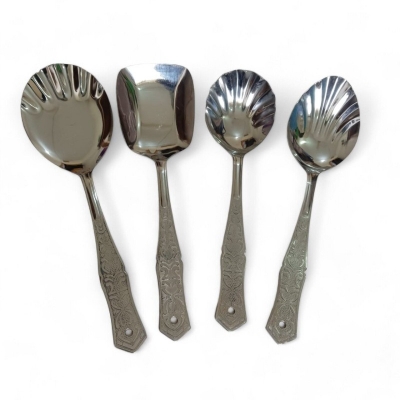 Picture of Rosy Kitchen Spoon Set: Stainless Steel, 10 Inch, Includes Solid Turner, Big Soup, Serving, and Rice Spoons. Silver with Mirror Polish, Matches Design in Picture. Perfect for Versatile Cooking and Serving Needs.-Silver