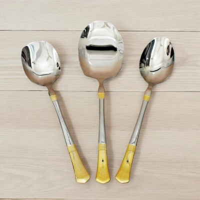 Picture of 3-Piece Set: 12 Inch Stainless Steel Spoons - Mirror Polish, Non-Magnetic, Silver with Golden Design, Includes Big Rice Spoon, Curry Serving Spoon, and Flat Turner Spoon, Durable with Laser Print Detailing, Ideal for Cooking and Serving-Silver