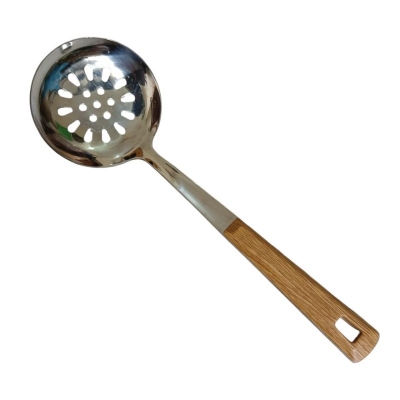 Picture of 10 Inch Stainless Steel Round Slotted Kitchen Spoon, Silver, with Non-Magnetic Wooden Color Plastic Handle, Ideal for Cooking and Serving. This Durable and Stylish Spoon Enhances Versatility and Elegance in Your Kitchen.-Silver
