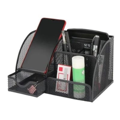 Picture of "Desktop Storage - Office Pen Holder with Multiple Compartments, Metal Mesh Square Container"-Black