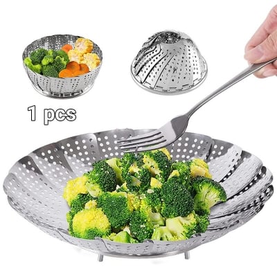 Picture of Multifunctional Stainless Steel Folding Fruit Tray Retractable Collapsible Steamer for Kitchen 1 pcs-Silver