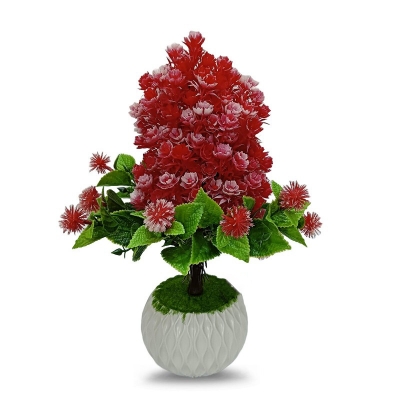 Picture of Flower Bonsai Artificial Grass Plants with Pot for Home Decor | Decorative Office Indoor Decor (Red, 1 Piece)-Red