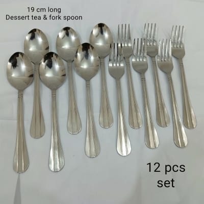 Picture of Lionel 12 pcs set 6 pcs tea and 6 pcs fork stainless steel Dessert tea and fork spoon silver color best for tableware line design 19 cm long-Silver