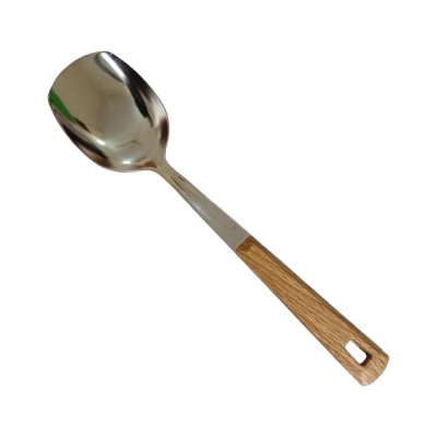 Picture of 10 Inch Stainless Steel Solid Turner Spoon, Silver, Non-Magnetic. Wooden Color Cover Plastic Handle for Comfortable Grip. Ideal for Cooking and Serving, Effortless Flipping in Any Kitchen.-Silver