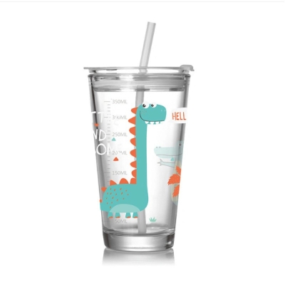 Picture of 1 pcs 350ml Clear Drinking Glass Cup with Straw for Children or Adults Glass Cup with Lid-Multicolor