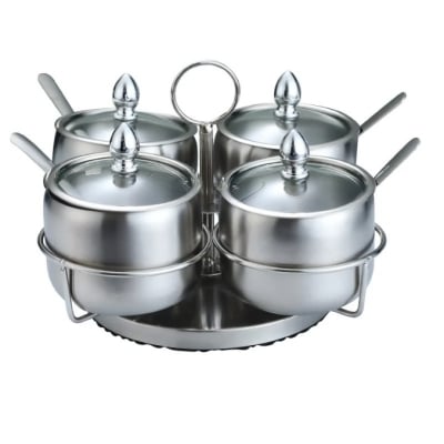 Picture of 4 Pcs Stainless Steel Spice Jar with Revolving Stand silver color-Silver